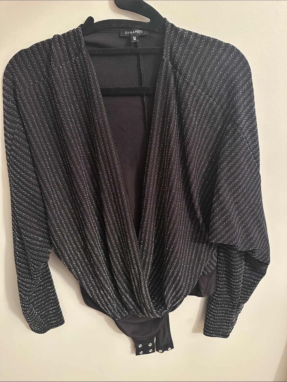Dynamite Black V-Neck Sparkly Striped Long Sleeve Bodysuit